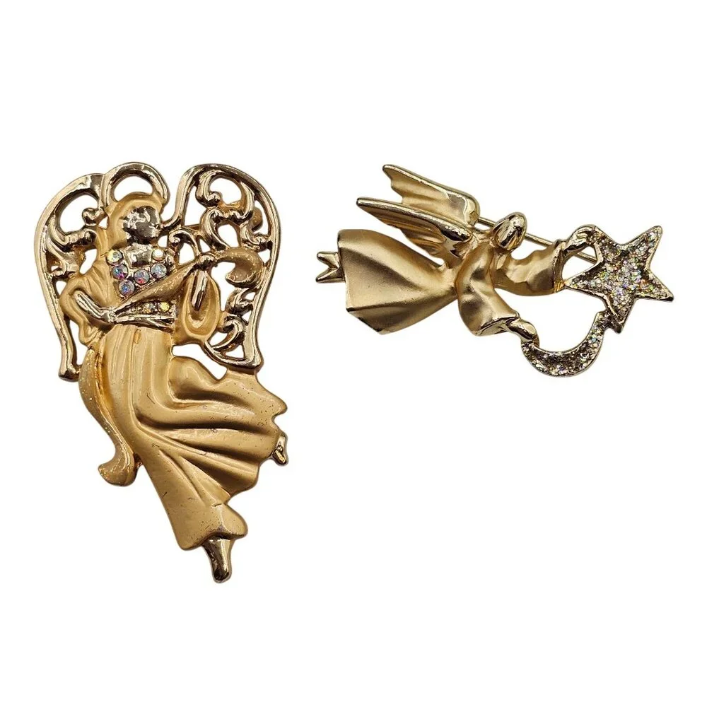 Festive Joy Holiday Gold Tone Angels Religious Faith Christian Brooch Pins‎ 2PC